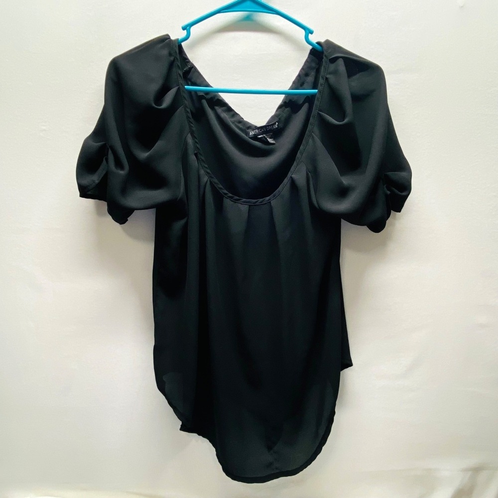American Dream Blouse Women's Small Black Semi Sheer Popover Short Sleeve Top